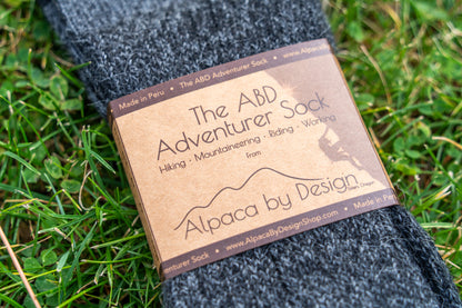 ABD Adventurer Alpaca Socks Collection - Alpaca Hiking Socks - Black Charcoal Color - Front Label Angled-webres