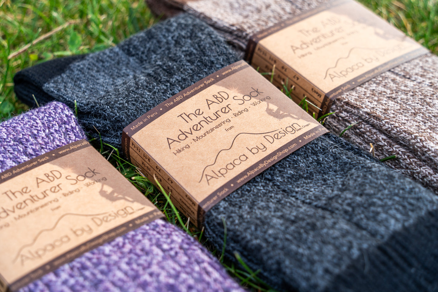 ABD Adventurer Alpaca Socks Collection - Alpaca Hiking Socks - Black Charcoal Color - Front Label Angled