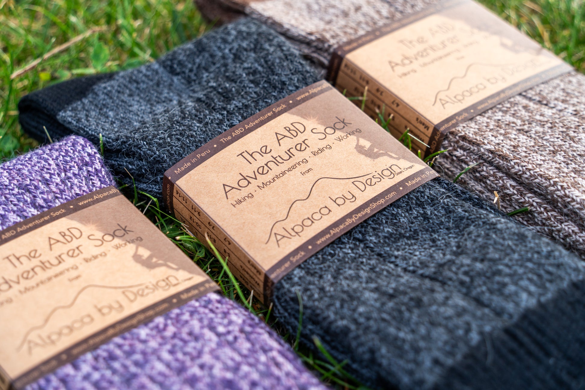 ABD Adventurer Alpaca Socks Collection - Alpaca Hiking Socks - Black Charcoal Color - Front Label Angled