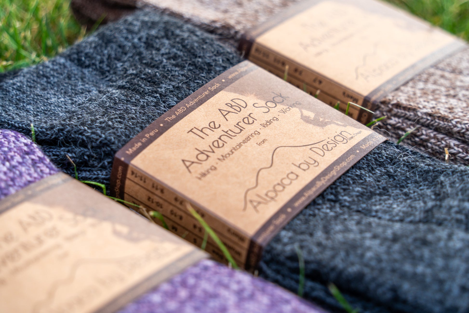 ABD Adventurer Alpaca Socks Collection - Alpaca Hiking Socks - Black Charcoal Color - Front Label Angled 2