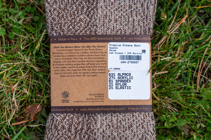 ABD Adventurer Alpaca Socks Collection - Alpaca Hiking Socks - Brown Beige Color - Back Label
