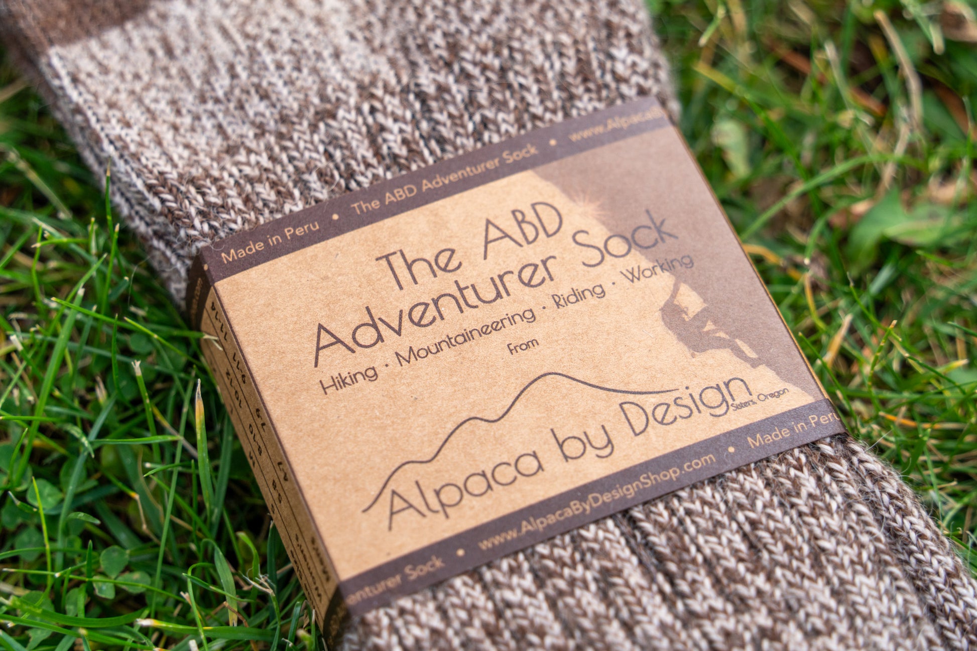 ABD Adventurer Alpaca Socks Collection - Alpaca Hiking Socks - Brown Beige Color - Front Label