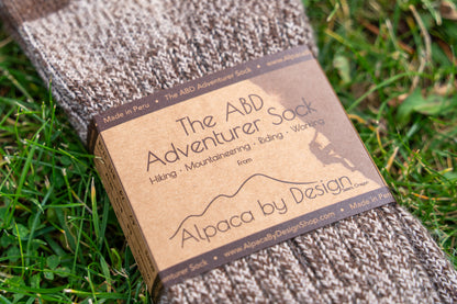 ABD Adventurer Alpaca Socks Collection - Alpaca Hiking Socks - Brown Beige Color - Front Label