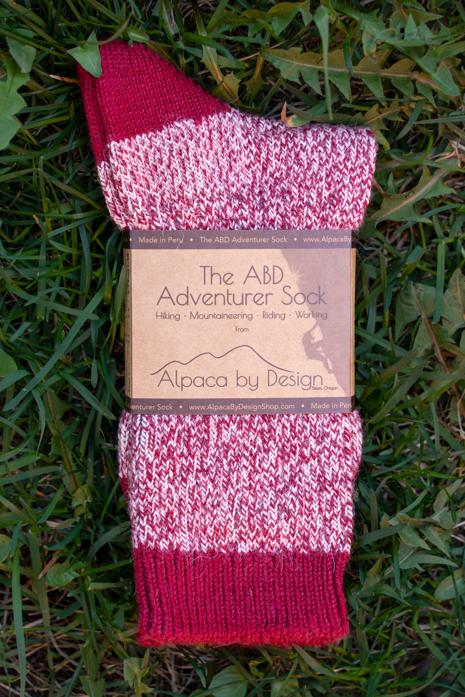 ABD Adventurer Alpaca Socks Collection - Alpaca Hiking Socks - Red Wine Color - Front Label