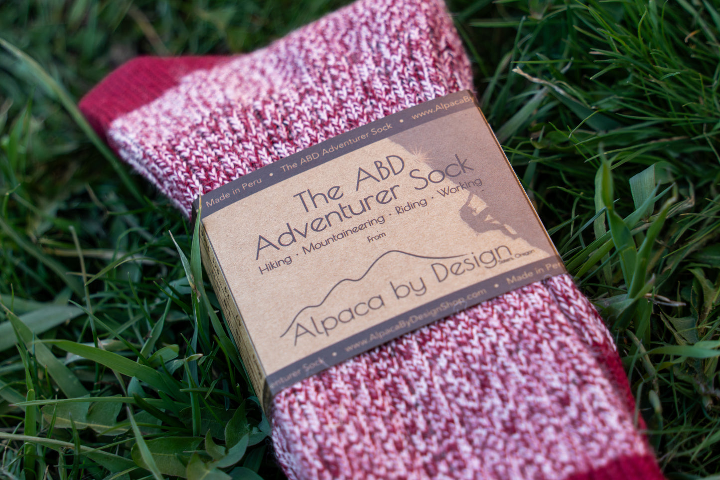ABD Adventurer Alpaca Socks Collection - Alpaca Hiking Socks - Red Wine Color - Front Label Angled