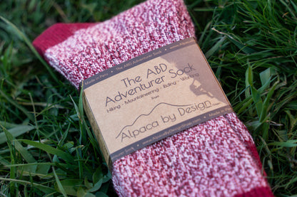 ABD Adventurer Alpaca Socks Collection - Alpaca Hiking Socks - Red Wine Color - Front Label Angled