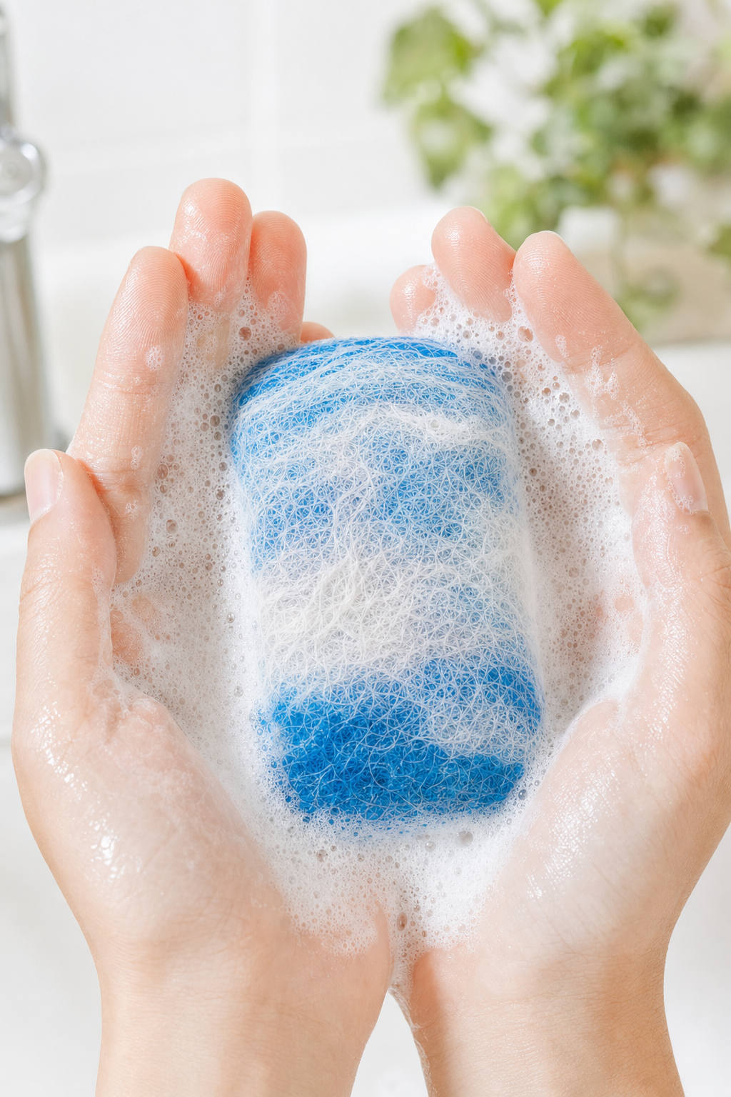 Hands holding a lathered hand-felted alpaca soap bar with rich suds