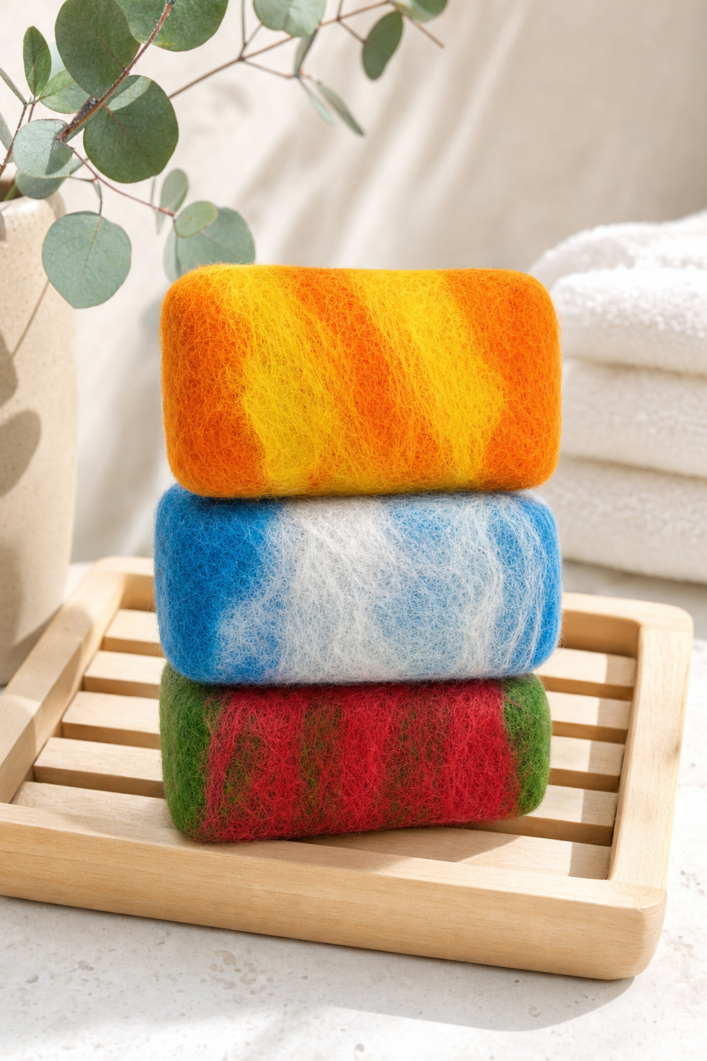 Three hand-felted alpaca soap bars stacked on a wooden soap dish with eucalyptus